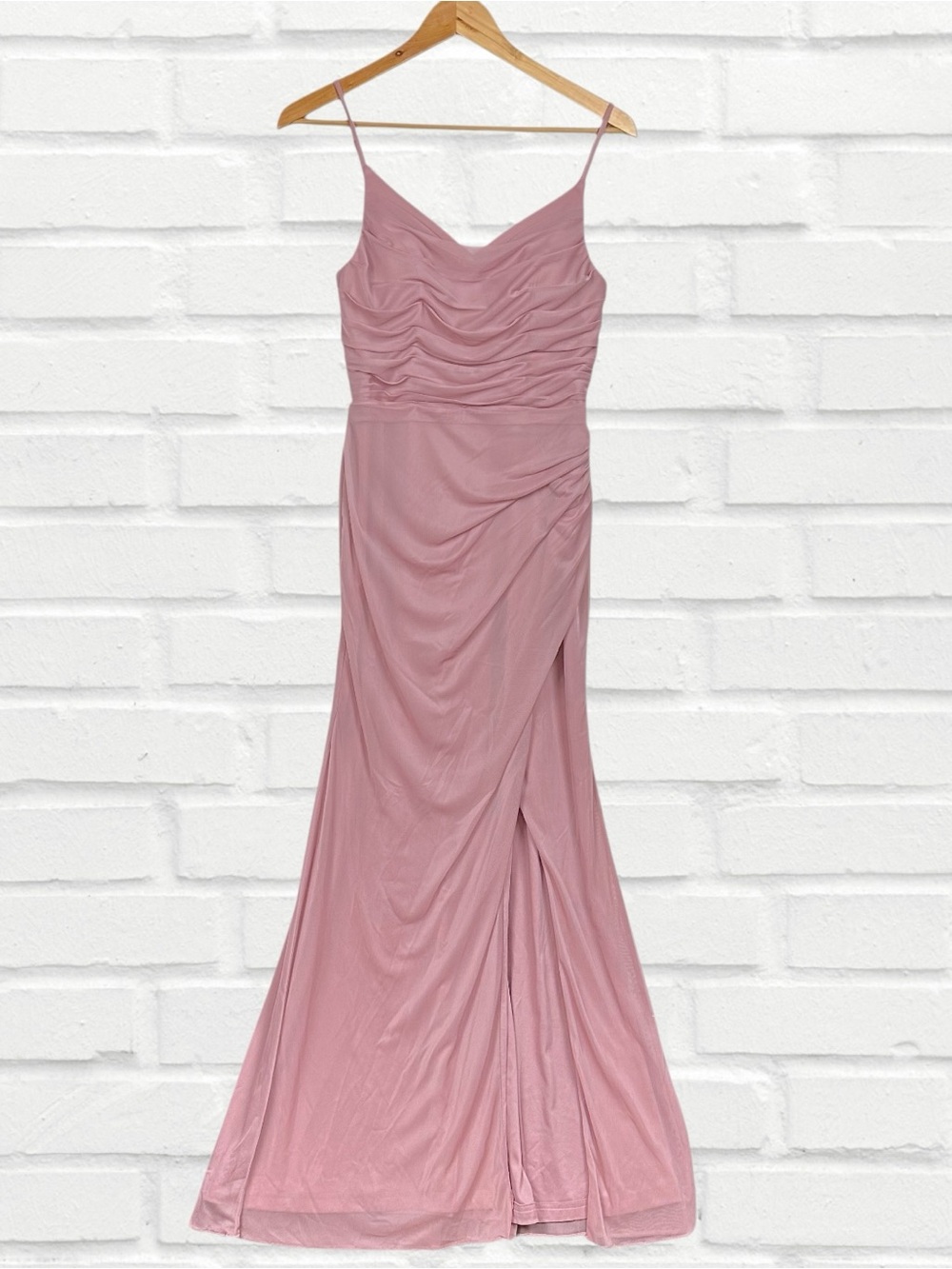 Azazie Deandra Pleated Ruched Mesh V Neck Slit Mermaid Maxi Dress Dusty Rose 4